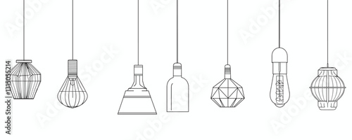 Flat linear icons set of hanging lamps with geometric shapes in vector style.