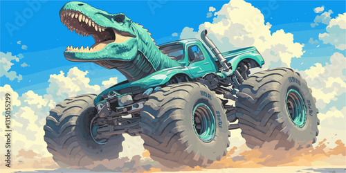 Flat icons set: dinosaur monster truck vector in action with a dynamic and playful design.
