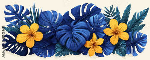 Flat tropical leaves and flowers icons set - vector illustration with blue and yellow elements.
