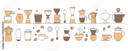 Flat coffee brewing equipment icons set - linear style collection.