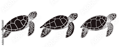 Sea turtle black and white icons set, vector, linear.