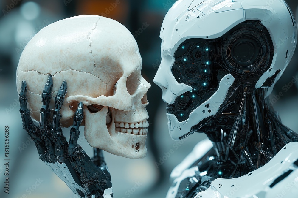 Robot examines human skull thoughtfully in futuristic setting during daylight hours Robot examines human skull thoughtfully in futuristic setting during daylight hours
