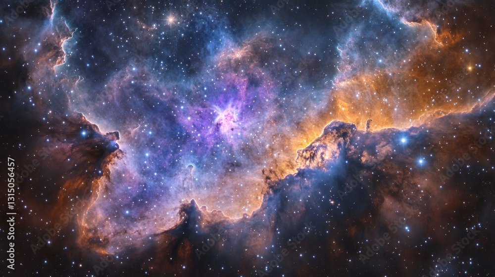 Fototapeta premium A breathtaking cosmic nebula radiates hues of purple, orange, and blue against the vastness of space