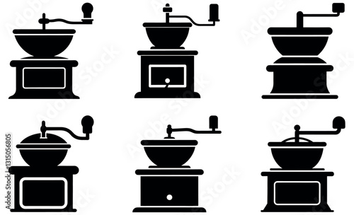 A collection of four black and white silhouettes of vintage-style hand-cranked coffee grinders.