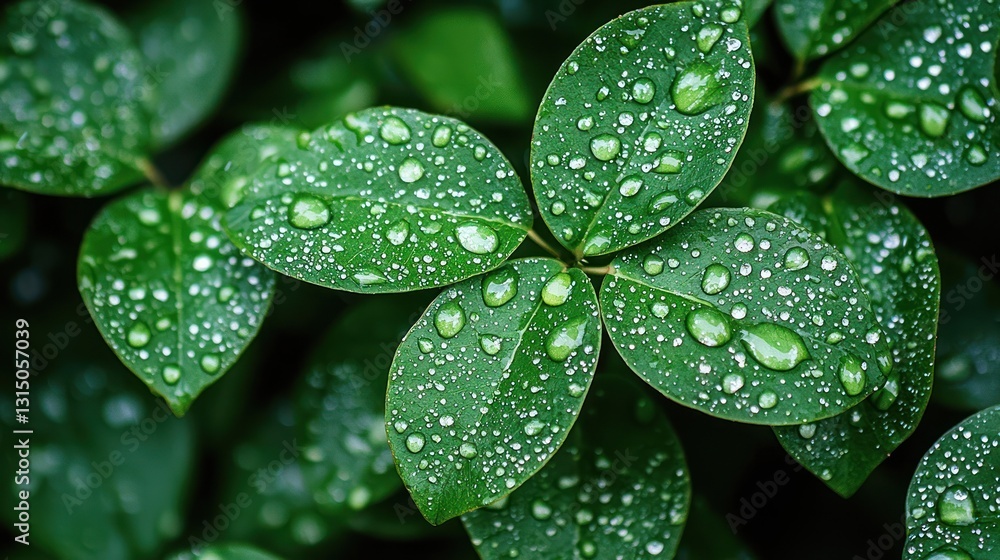 Close-up of Fresh Green Leaves with Water Droplets on Surface Close-up of Fresh Green Leaves with Water Droplets on Surface