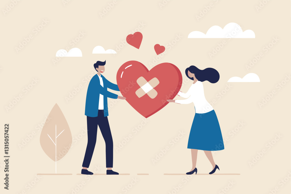 Forgiveness to keep relationship last long, togetherness or love couple concept, happy man and woman, husband and wife with bandage on broken heart shape as forgiveness symbol. Forgiveness to keep relationship last long, togetherness or love couple concept, happy man and woman, husband and wife with bandage on broken heart shape as forgiveness symbol.