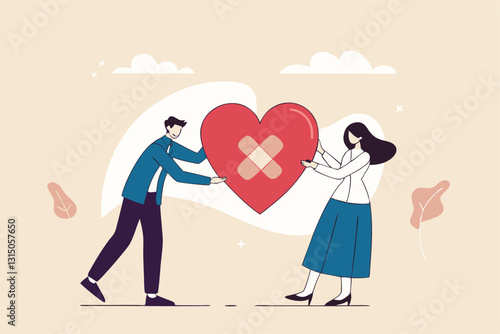 Forgiveness to keep relationship last long, togetherness or love couple concept, happy man and woman, husband and wife with bandage on broken heart shape as forgiveness symbol.