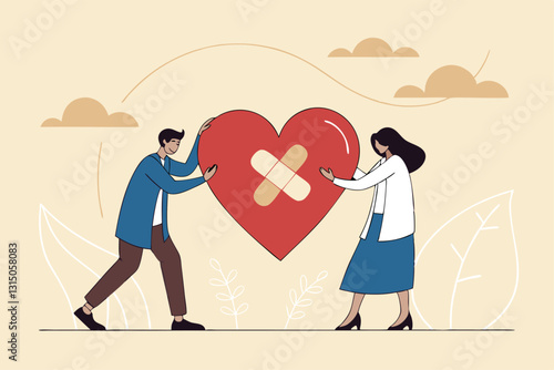 Forgiveness to keep relationship last long, togetherness or love couple concept, happy man and woman, husband and wife with bandage on broken heart shape as forgiveness symbol.