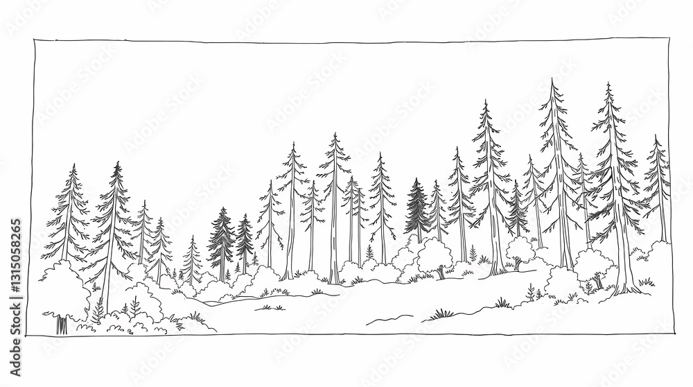 Obraz premium Whispers of the Forest: A serene landscape sketch showcasing the beauty of a pine forest, capturing the silhouettes of towering trees, with delicate strokes hinting at depth and texture.
