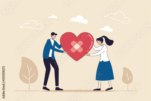 Forgiveness to keep relationship last long, togetherness or love couple concept, happy man and woman, husband and wife with bandage on broken heart shape as forgiveness symbol.