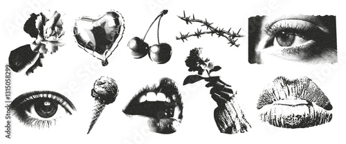 Lips, mouth, eyes, flowers, cherry, hands elements retro grunge collage with a photocopy effect. The effect of grain and dotted lines. Vector.