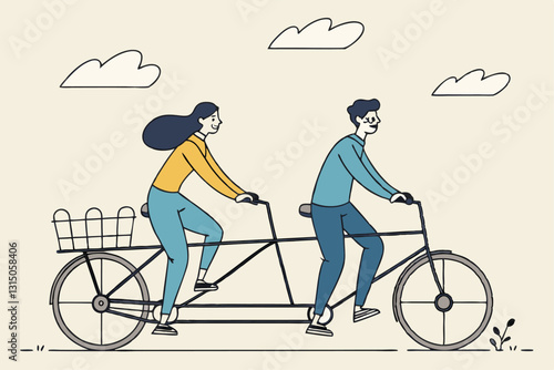Business conflict, controversy or disagreement causing problem and failure concept, businessman and businesswoman colleagues or working team trying hard riding bicycle in opposite direction.