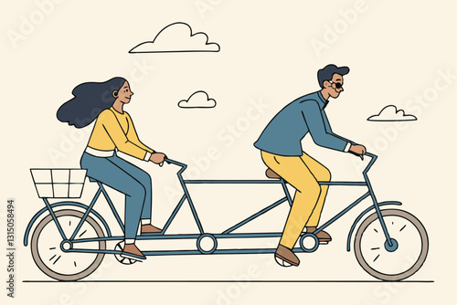 Business conflict, controversy or disagreement causing problem and failure concept, businessman and businesswoman colleagues or working team trying hard riding bicycle in opposite direction.