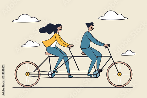 Business conflict, controversy or disagreement causing problem and failure concept, businessman and businesswoman colleagues or working team trying hard riding bicycle in opposite direction.