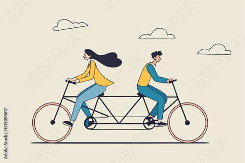Business conflict, controversy or disagreement causing problem and failure concept, businessman and businesswoman colleagues or working team trying hard riding bicycle in opposite direction.