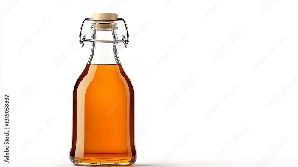 Amber Liquid in Clear Glass Bottle with Wooden Cork Stopper Amber Liquid in Clear Glass Bottle with Wooden Cork Stopper