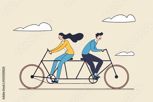 Business conflict, controversy or disagreement causing problem and failure concept, businessman and businesswoman colleagues or working team trying hard riding bicycle in opposite direction.