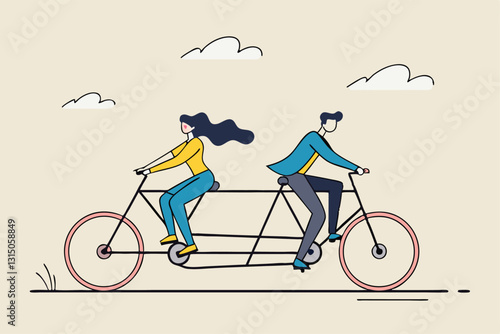 Business conflict, controversy or disagreement causing problem and failure concept, businessman and businesswoman colleagues or working team trying hard riding bicycle in opposite direction.