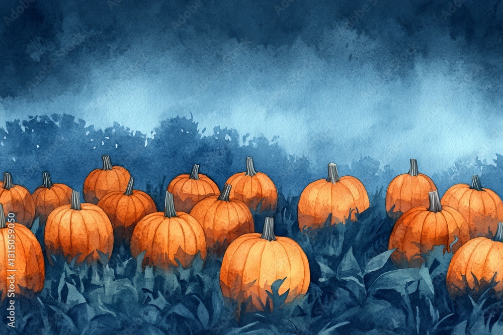 An enchanting scene featuring bright orange pumpkins nestled in a misty blue garden at twilight. Perfect for autumn-themed projects. An enchanting scene featuring bright orange pumpkins nestled in a misty blue garden at twilight. Perfect for autumn-themed projects.