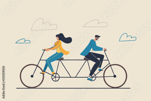 Business conflict, controversy or disagreement causing problem and failure concept, businessman and businesswoman colleagues or working team trying hard riding bicycle in opposite direction.