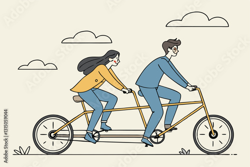 Business conflict, controversy or disagreement causing problem and failure concept, businessman and businesswoman colleagues or working team trying hard riding bicycle in opposite direction.