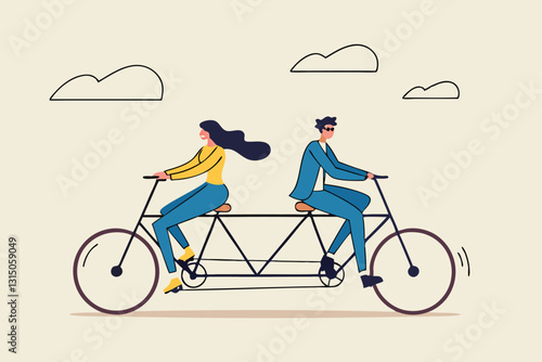Business conflict, controversy or disagreement causing problem and failure concept, businessman and businesswoman colleagues or working team trying hard riding bicycle in opposite direction.