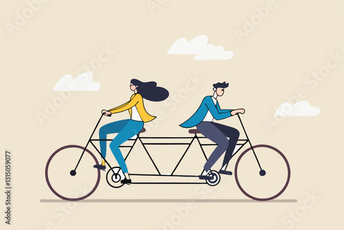 Business conflict, controversy or disagreement causing problem and failure concept, businessman and businesswoman colleagues or working team trying hard riding bicycle in opposite direction.