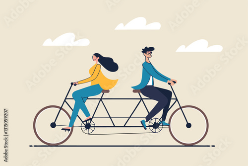 Business conflict, controversy or disagreement causing problem and failure concept, businessman and businesswoman colleagues or working team trying hard riding bicycle in opposite direction.