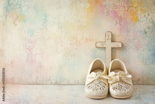 Charming Baptism Announcement: Vintage Baby Shoes and Cross on a Soft Pastel Canvas photo