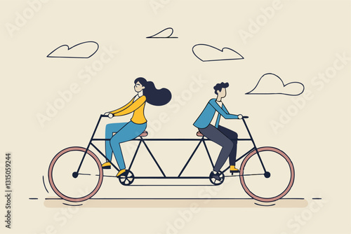 Business conflict, controversy or disagreement causing problem and failure concept, businessman and businesswoman colleagues or working team trying hard riding bicycle in opposite direction.