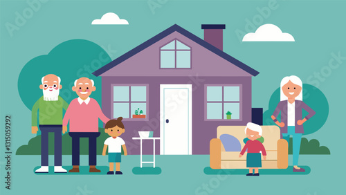 A unique multigenerational home with a detached granny flat complete with a bedroom bathroom and living area providing separate living space for grandparents or guests.. Vector illustration