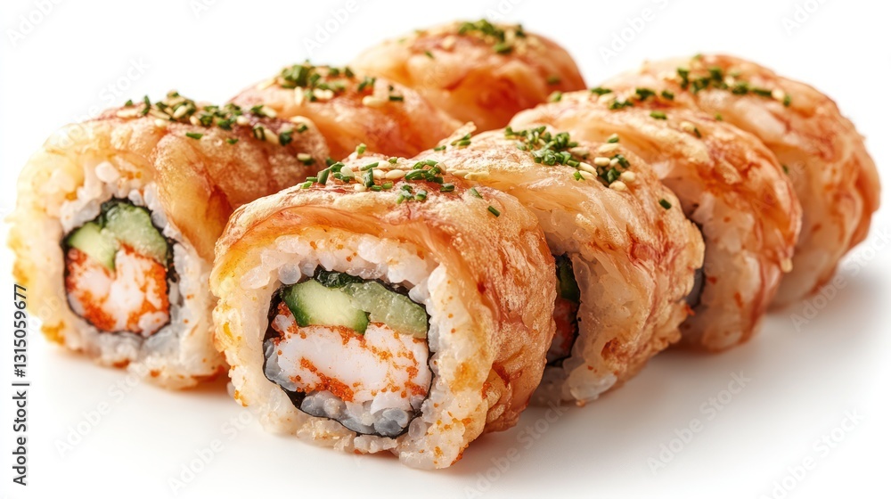 Delicious crispy sushi rolls with shrimp, cucumber, and cheese topping. Delicious crispy sushi rolls with shrimp, cucumber, and cheese topping.