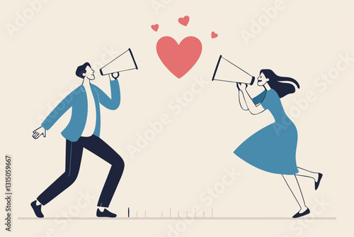 Social distancing valentine, lover couple telling I love you by keeping distance away due to COVID-19 Coronavirus concept, lovely boyfriend and girlfriend speak through megaphone with love heart shape