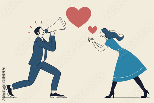 Social distancing valentine, lover couple telling I love you by keeping distance away due to COVID-19 Coronavirus concept, lovely boyfriend and girlfriend speak through megaphone with love heart shape