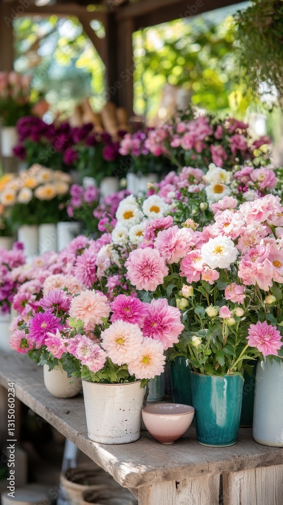 Charming Display of Colorful Dahlia Flowers in Ceramic Pots on Rustic Wooden Table at Flower Market Charming Display of Colorful Dahlia Flowers in Ceramic Pots on Rustic Wooden Table at Flower Market