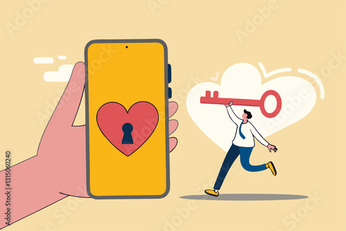 Dating apps, online dating using internet and social media to find romantic relationship concept, young adult millennial boy holding lovely key running to smart phone app with heart shape and keyhole.