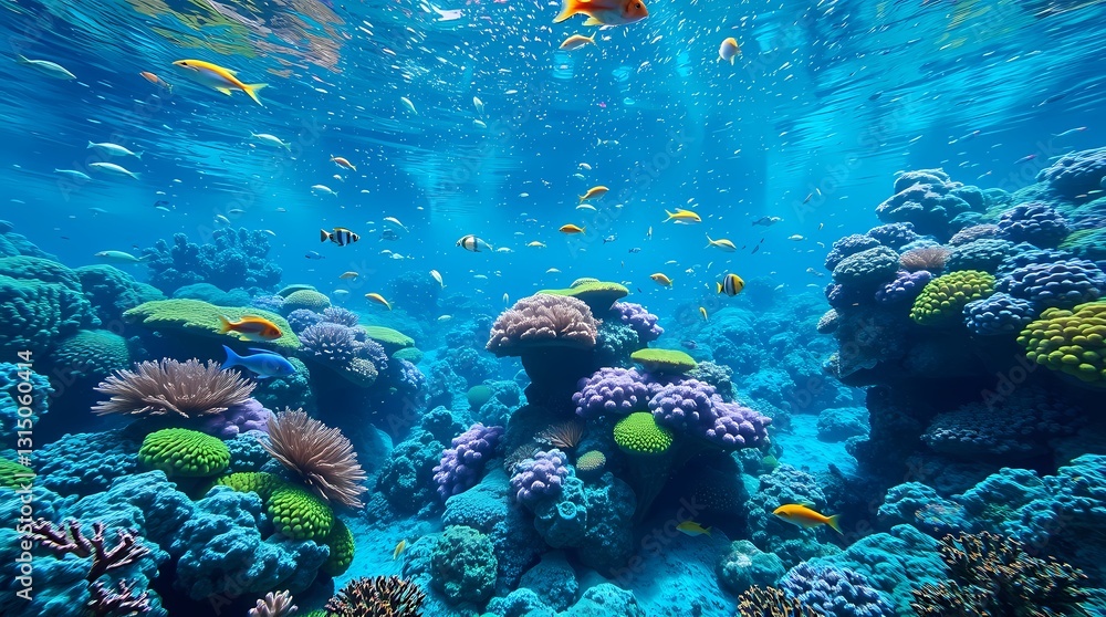 Fototapeta premium Coral Reef: Explore the vibrant underwater world of a thriving coral reef ecosystem, teeming with colorful fish and diverse marine life, capturing the beauty of the ocean.