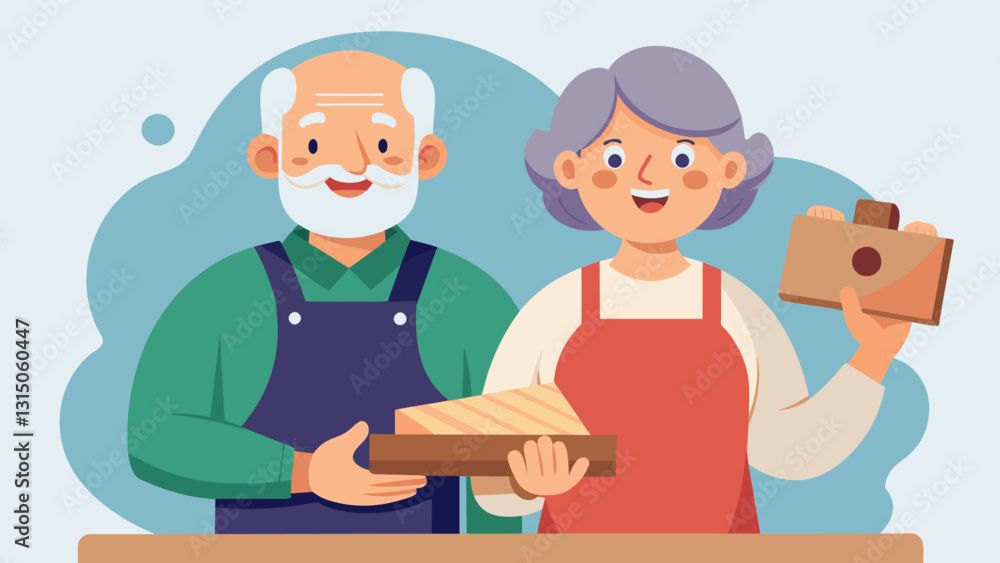 An elderly couple proudly displaying their completed woodworking project in a lifelong learning workshop.. Vector illustration An elderly couple proudly displaying their completed woodworking project in a lifelong learning workshop.. Vector illustration