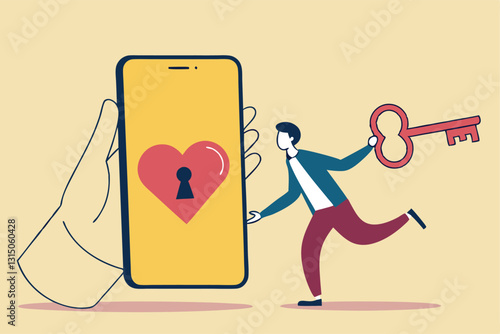 Dating apps, online dating using internet and social media to find romantic relationship concept, young adult millennial boy holding lovely key running to smart phone app with heart shape and keyhole.