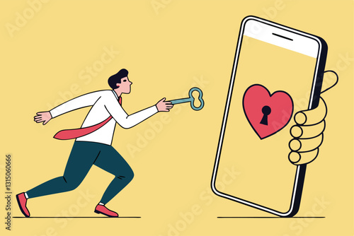 Dating apps, online dating using internet and social media to find romantic relationship concept, young adult millennial boy holding lovely key running to smart phone app with heart shape and keyhole.