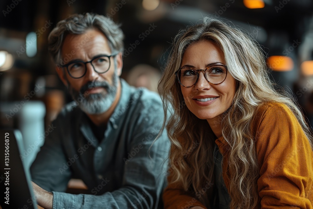 Engaging conversation between a young woman and an older man in a modern cafe setting during the evening hours Engaging conversation between a young woman and an older man in a modern cafe setting during the evening hours