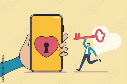 Dating apps, online dating using internet and social media to find romantic relationship concept, young adult millennial boy holding lovely key running to smart phone app with heart shape and keyhole.