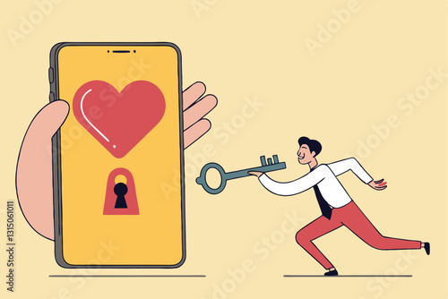 Dating apps, online dating using internet and social media to find romantic relationship concept, young adult millennial boy holding lovely key running to smart phone app with heart shape and keyhole.