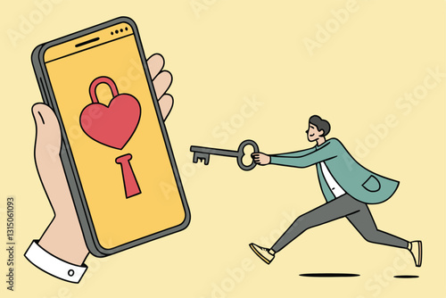 Dating apps, online dating using internet and social media to find romantic relationship concept, young adult millennial boy holding lovely key running to smart phone app with heart shape and keyhole.