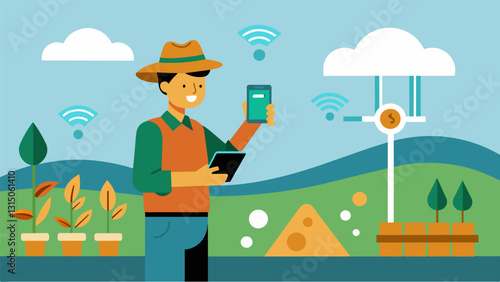 Soil sensors installed in agricultural areas measure moisture levels and nutrient content to inform farmers on sustainable farming practices.. Vector illustration