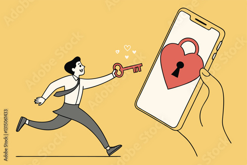 Dating apps, online dating using internet and social media to find romantic relationship concept, young adult millennial boy holding lovely key running to smart phone app with heart shape and keyhole.