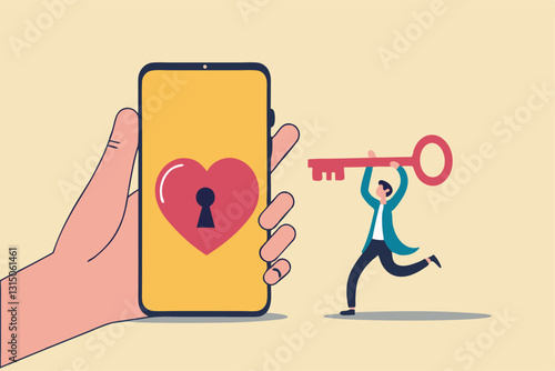 Dating apps, online dating using internet and social media to find romantic relationship concept, young adult millennial boy holding lovely key running to smart phone app with heart shape and keyhole.