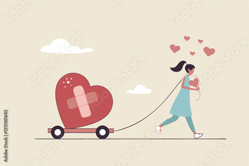 Move on or forget and forgive, open for new relationship, heal or cured from heart broken or divorce and relationship problem concept, happy woman walking with bandage repaired heart shape.