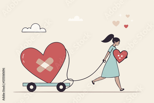 Move on or forget and forgive, open for new relationship, heal or cured from heart broken or divorce and relationship problem concept, happy woman walking with bandage repaired heart shape.