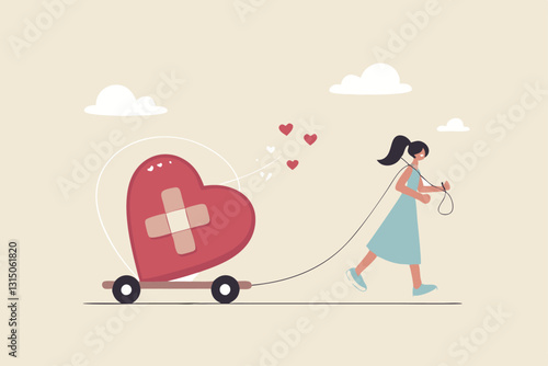 Move on or forget and forgive, open for new relationship, heal or cured from heart broken or divorce and relationship problem concept, happy woman walking with bandage repaired heart shape.